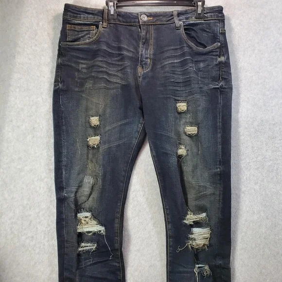 Crysp Denim Jeans Mens 38 Blue Distressed Slim Fit Ripped Stretch Designer Pants - Picture 5 of 16